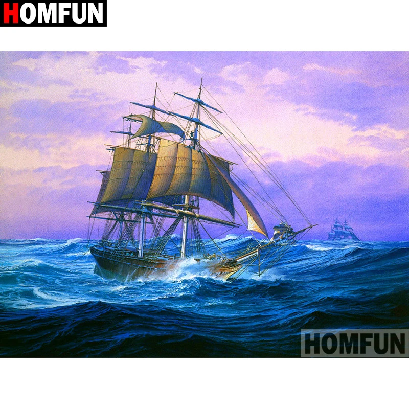 

Алмазная 5D Вышивка HOMFUN A01523, полноразмерная/круглая картина «сделай сам» с бусинами, «Морская Лодка», вышивка крестиком, домашний декор