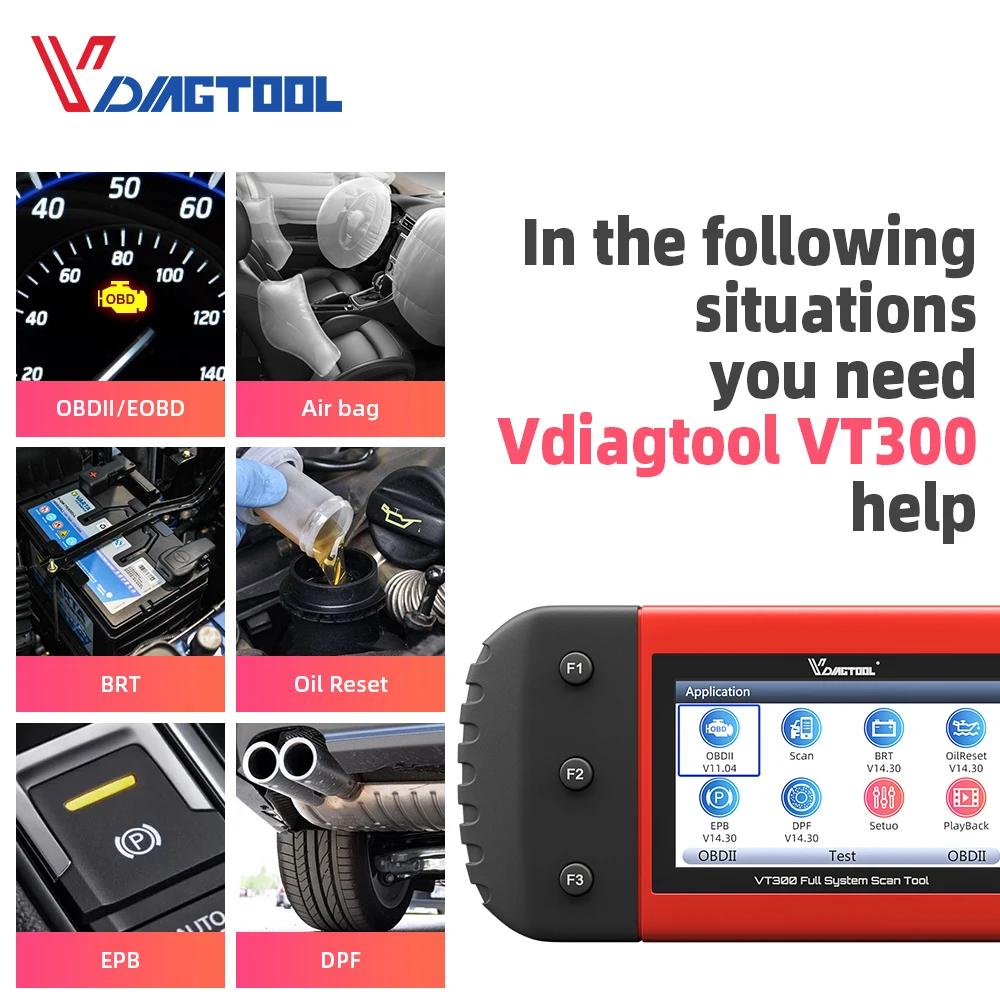 VDIAGTOOL VT300 Auto Diagnostic Scanner EPB DPF DRP BRT OBDII OBD2 Support Multi Car Models Automotive Tools |