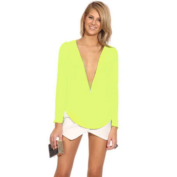 Женская Сексуальная Повседневная Блузка Рубашка Молнии V-образным Вырезом Шифон