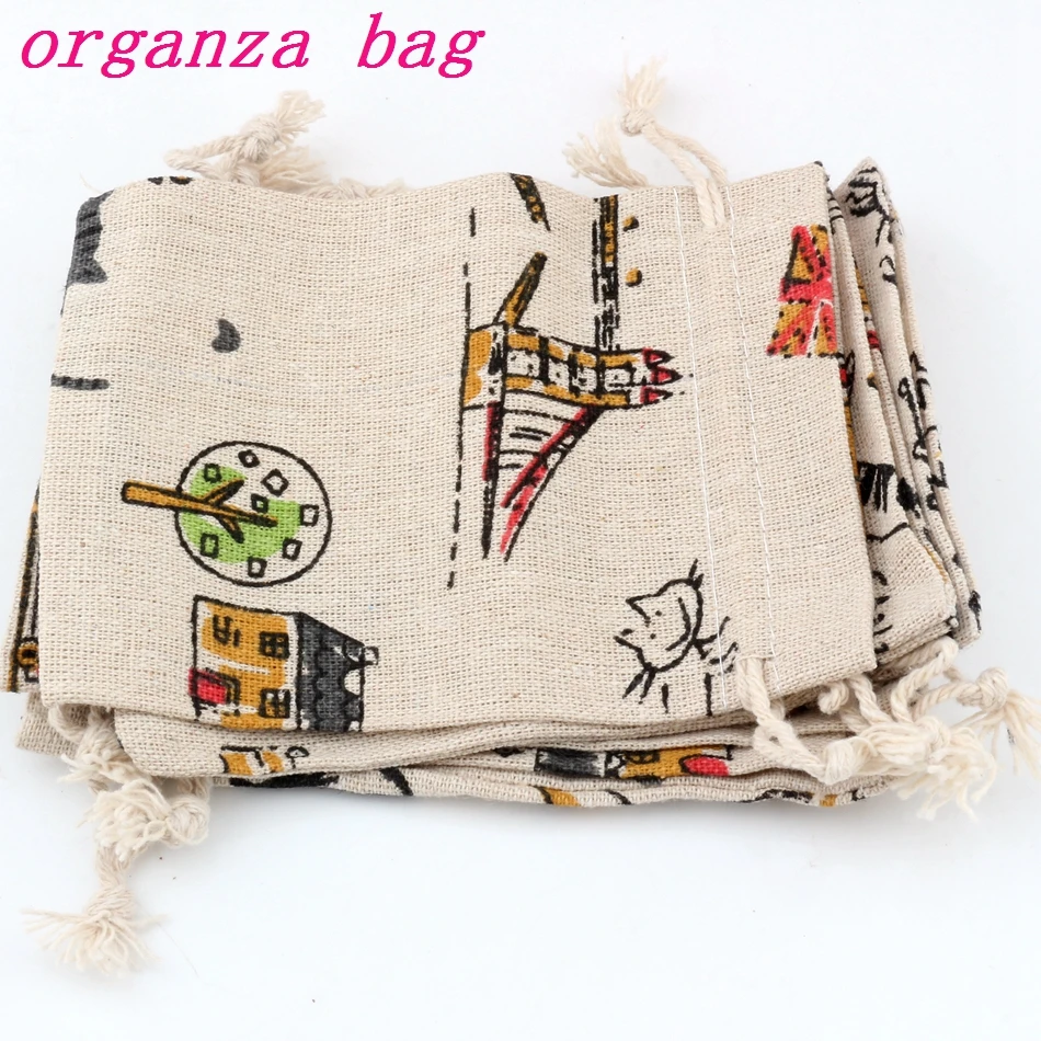 

50pcs Little Cat Pattern Linen Fabric Drawstring Bags Candy Jewelry Gift Bag Cotton Linen Drawstring Bundle Bags 10x14cm
