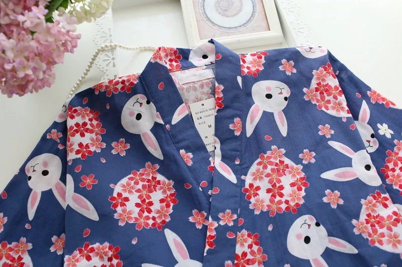 Женские хлопковые Пижамные комплекты Kimonos Yukata из японского хлопка, халат и штаны с принтом кролика сакуры, летняя и осенняя тонкая одежда для сна