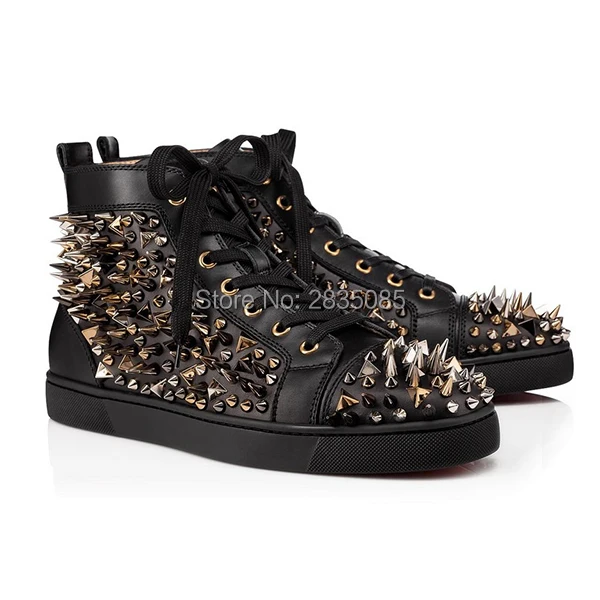 LTTL Black White Gold Mens Trainers Sharp Rivet Studded Casual Botas Rubber Flats Lace Up High Top Spiked Sneakers Man Plus Size | Обувь