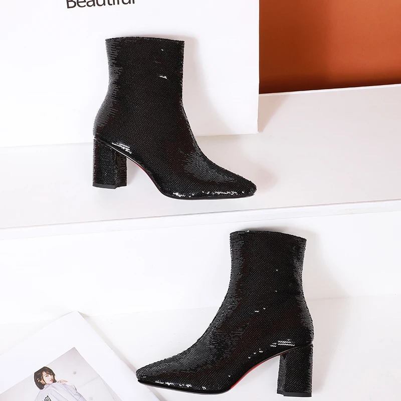 WETKISS Sequined Ankle Boots Women High Heels Booties Square Toe Shoes Female Bling Wedding Ladies Winter Plus Size 34-44 | Обувь
