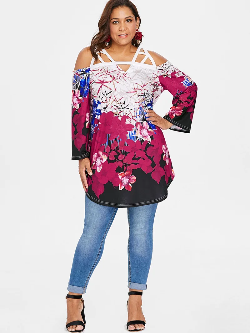 PlusMiss плюс размер цветочный принт Boho холодное плечо Туника Длинные Топы 5XL