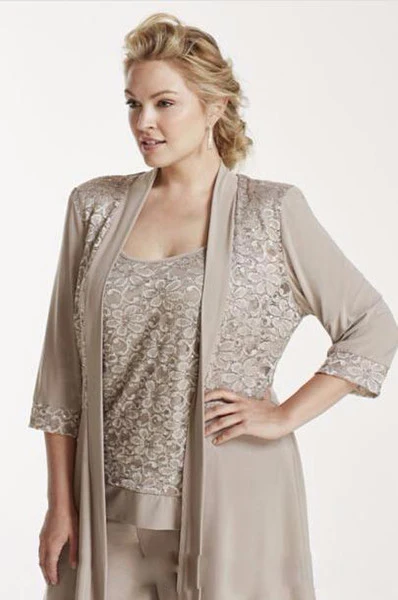 mock two piece lace and jersey pant suit