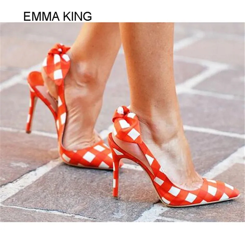 Emma king/женские туфли лодочки на тонком высоком каблуке с острым носком в клетку