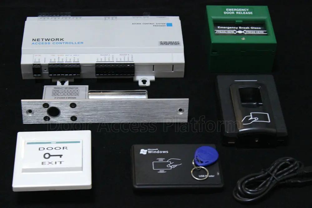 1 Door Web IP Fingerprint reader+Electro Drop Bolt Lock+Network controller panel+USB Card writer+Fire Anti exit button+Software |
