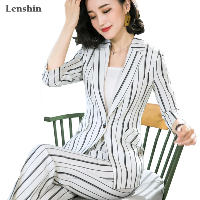 Lenshin комплект из 2 предметов Официальный брючный костюм в полоску Офисная женская