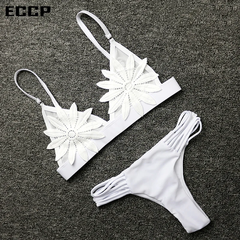 ECCP 2018 сексуальный белый сетчатый бикини с вышитыми цветами и ремешками женский