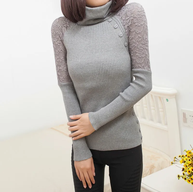 2021 spring Autumn Winter New Fashion Turtle Neck Button Lace Tricotado Women Sweater Slim Pullovers Casual Knitted Knitwear | Женская
