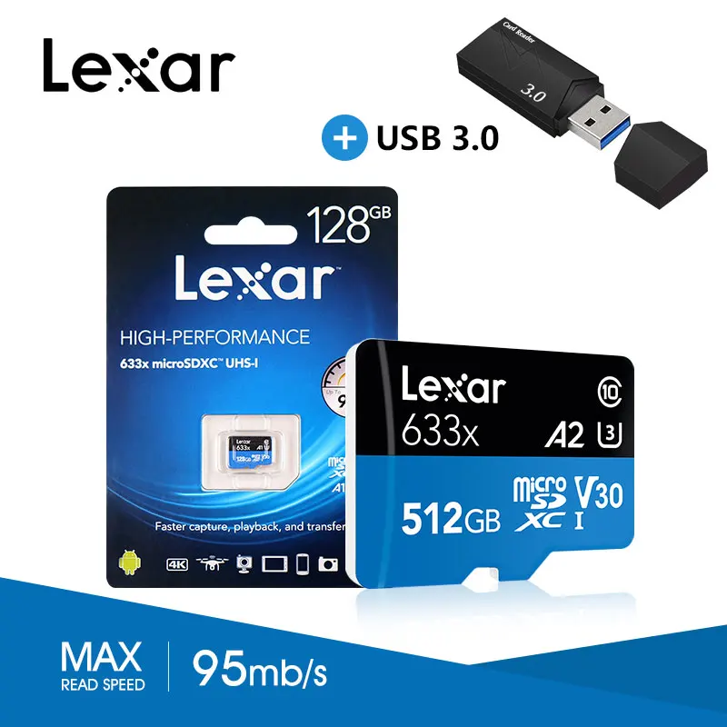 Lexar 95 МБ/с. 633x микро sd карты 512 Гб 64 г 128 256 ГБ устройство чтения карт памяти Uhs-1 для Dji Mavic Drone Gopro Dji спортивная видеокамера