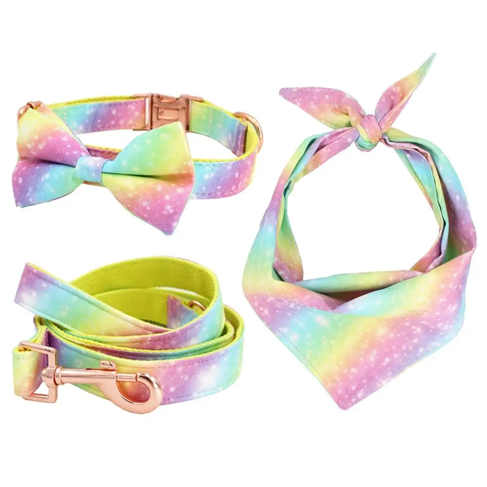 full set rainbow Dog Collar Bow Tie with Metal Buckle Big and Small Dog&Cat Collar Pet Accessories - Цвет: full set