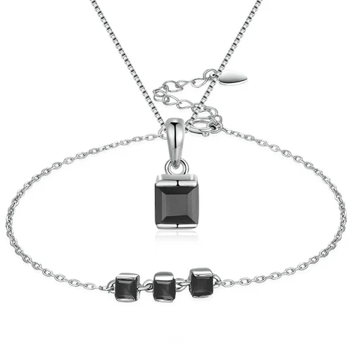 Ламон 4x4 мм 0.6ct натуральный черный ювелирные изделия из халцедона наборы S925 Кольца+ серьги+ ожерелье+ браслет для женщин подарок V008-B-1 - Цвет камня: 2PCS