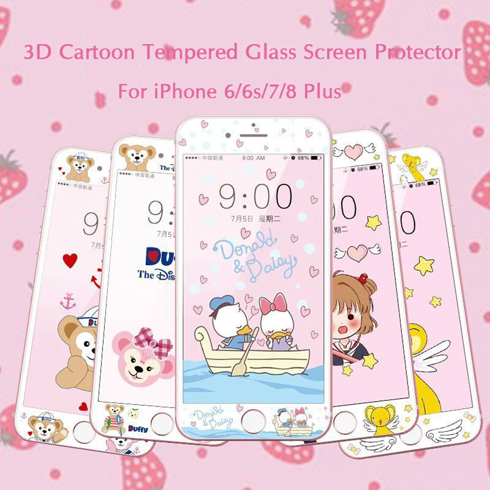 Kitty закаленное Стекло Экран среднего класса против царапин для iPhone 7 8 плюс 6 6s большие сумки из натуральной кожи Duffy и собаки из мультфильма, милая 3D с округленными изогнутыми краями с уровнем твердости 9H HD стеклянная плёнка SH83