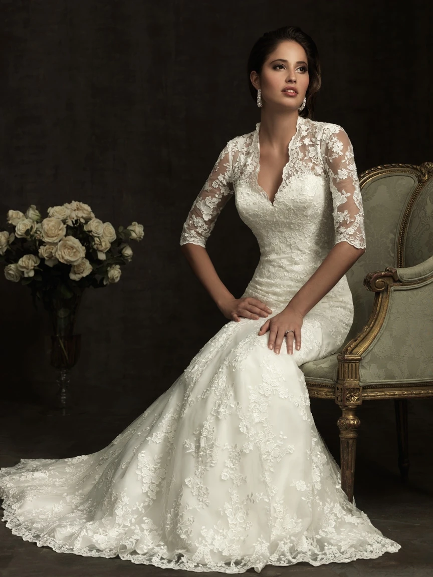cheap-2014 Popolar Fashion A-line V-neck Slim Throughout Lace &amp Appliques Half Sleeves Sheer Covered Back Elegant Weddi | Свадьбы и