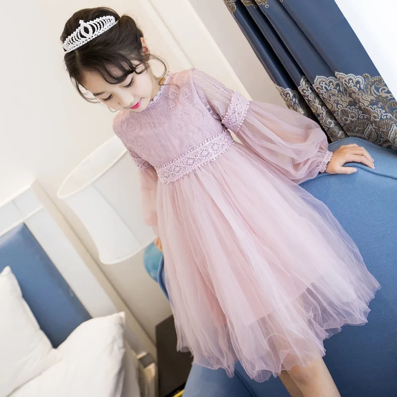 Girl Dresses Long Sleeve Princess 2020 Spring Summer Kids Lace Sweet Pruple and White Children Dress | Детская одежда и обувь
