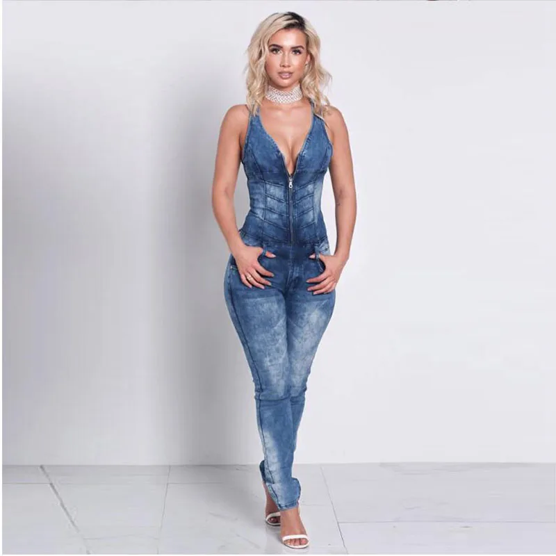 Женский джинсовый комбинезон FY повседневный Облегающий без рукавов с v-образным