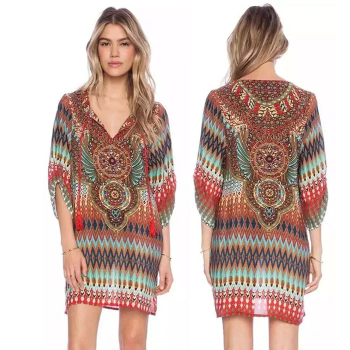 2015 Summer Style Women Casual Loose Hippie Bohemian Dress Retro Vintage Ethnic Floral Print Plus Size | Женская одежда