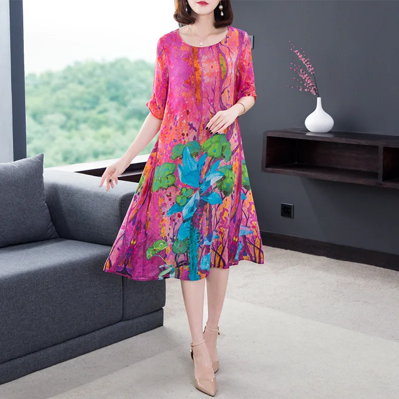 

Silk Print Dress 2020 Spring New Fashion Loose Short Sleeve Summer Dress Large Size M-3XL High Quality Elegant vestidos