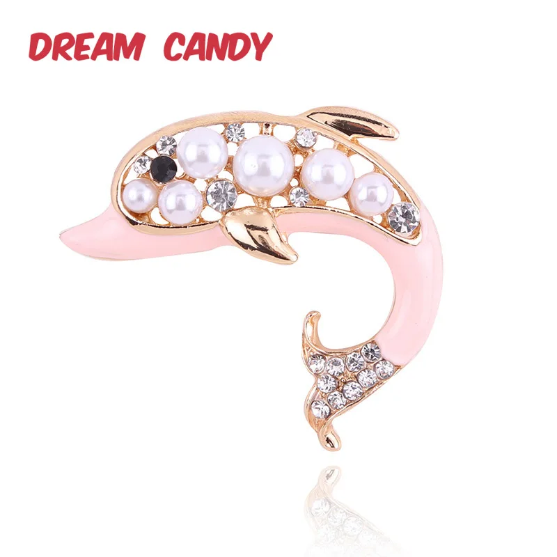 Dream Candy Изысканные жемчужные броши «Дельфин» Для женщин модная брошь со стразами розовая эмалированная булавка аксессуары для Драгоценности животных
