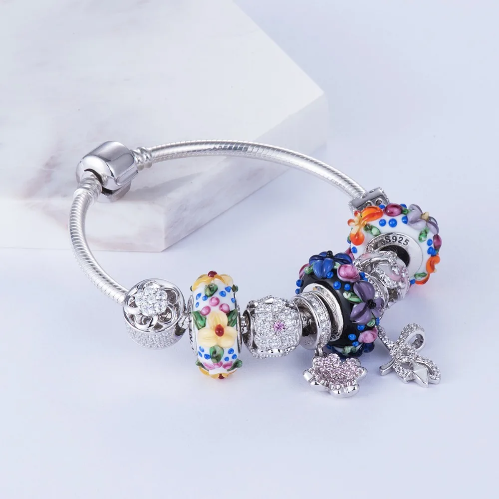 Фиолетовые цветы Стекло бусины 925 серебро Fit Pandora Браслеты и браслеты для Для