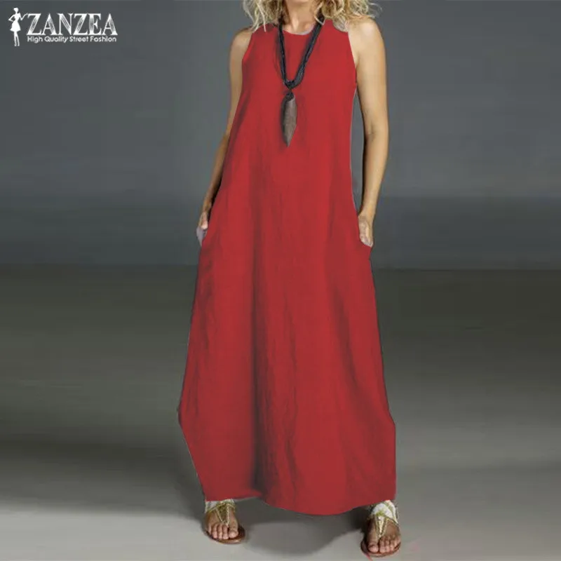 ZANZEA Повседневное платье макси Vestidos женский льняной сарафан винтажное платье без рукавов с круглым вырезом женское платье размера плюс летнее платье