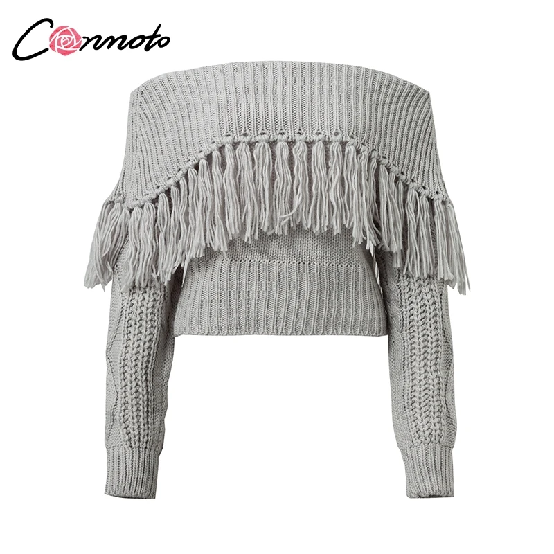 Conmoto Off Shoulder Tassel Short Sweater Female Party Sexy Solid Long Sleeve Pullover Femme Khaki Jumper Sueter Mujer | Женская одежда