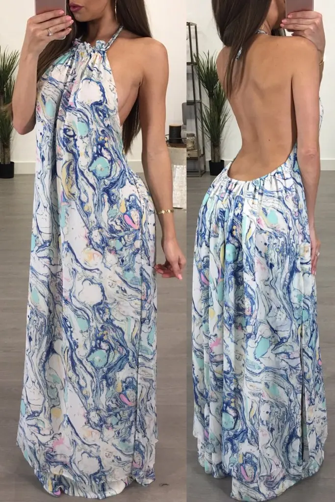 Boho спинки повод вечернее платье дамы Спагетти ремень Цвет блок Платья для женщин