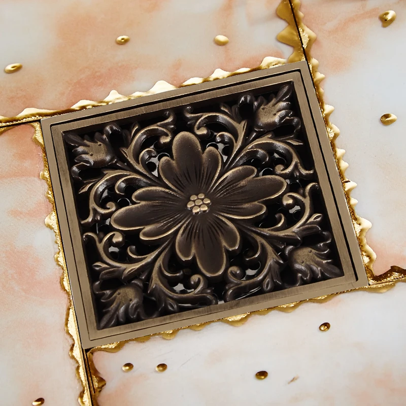 Крышка для слива пола в ванную комнату квадратная Античная латунная сливная