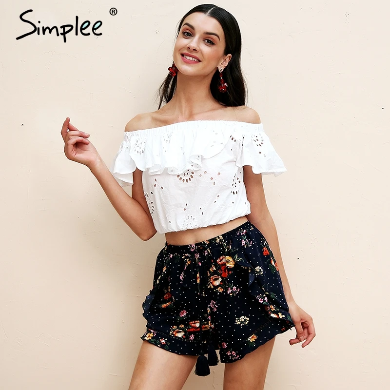 женские мини шорты Simplee с цветочным принтом завышенной талией рюшами и