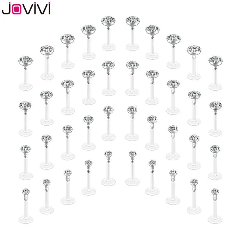 40pcs Mixe 2mm-5mm Jovivi 16G УФ гибкий акрил 3-5 мм кубический цирконий Лабрет, Монро кольцо для губ Козелка серьги-гвоздики пирсинг со штангой - Окраска металла: 40pcs Mixe 2mm-5mm