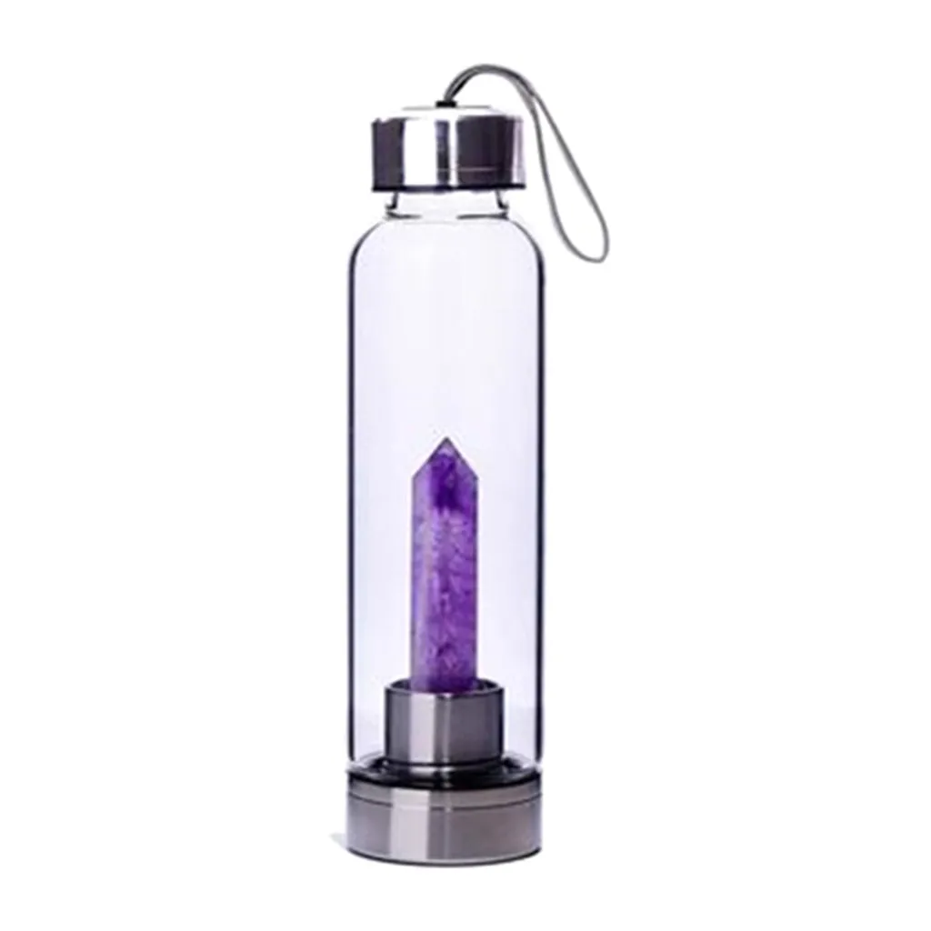 purple Натуральная кристальная бутылка для воды, заварочный стеклянный точечный заживляющий обелиск, палочка, эликсир, кварцевый кристалл, бутылка для воды для энергии и исцеления - Цвет: purple