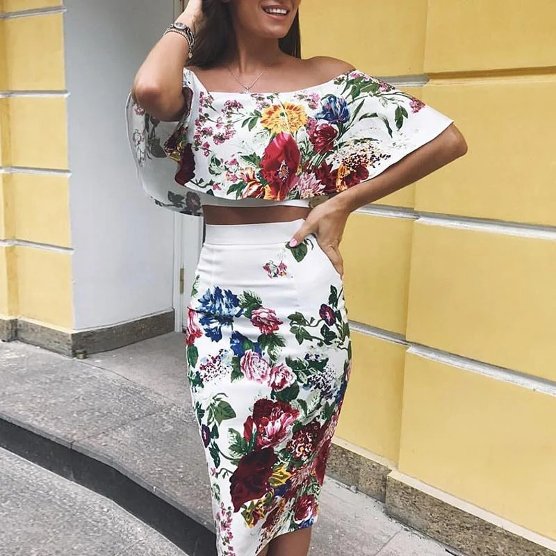 

2 Two Piece Set Women Sexy Slash Neck Print Crop Top Sheath Bodycon Party Skirt Set 2019 Beachwear Women Set