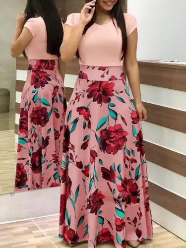 Fashion Women Short Sleeve Patchwork Floral Printed Round Neck Summer Boho Slim Casual Ladies Long Maxi Dress Sundress | Женская одежда