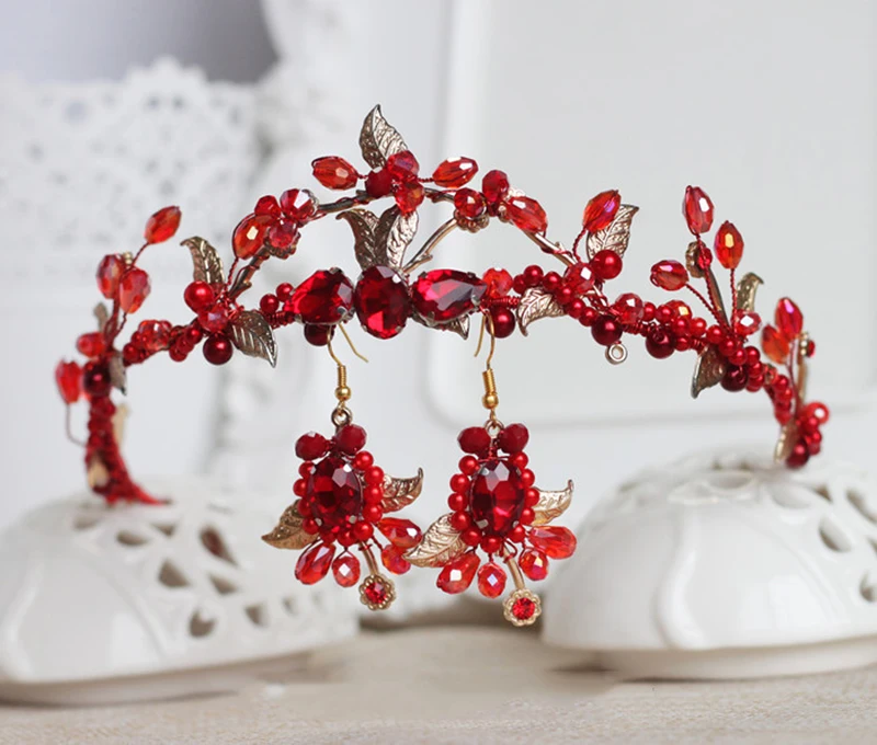 Ручная работа европейские ретро красные стразы бусины и лист свадебные волосы