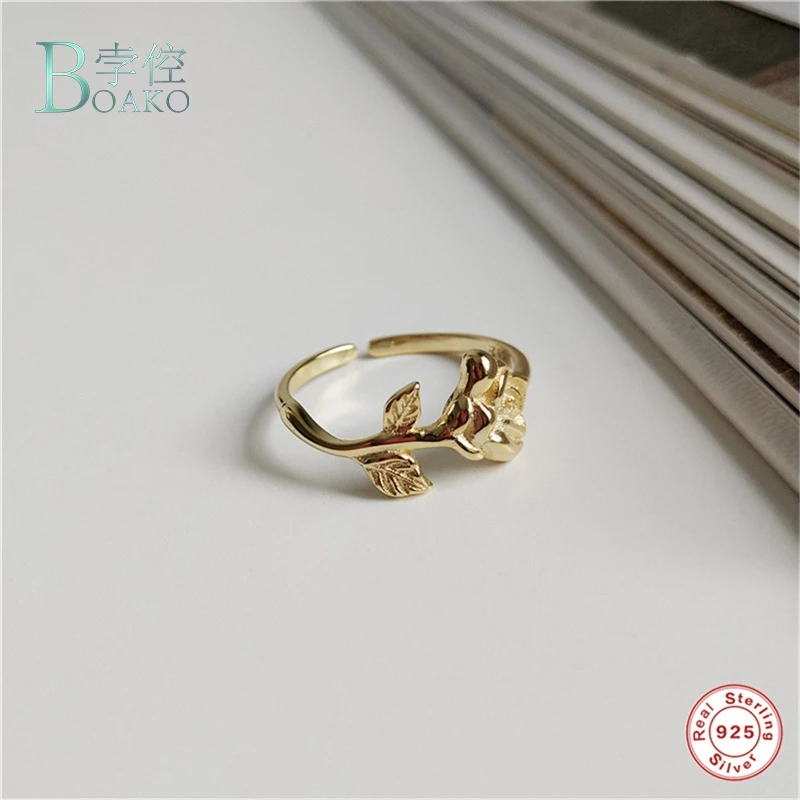 BOAKO 925 Sterling Silver Rose Flower Ring Fashion Charm Wild Index Finger Open Rings For Women Gold Color Festival Jewelry B40 | Украшения