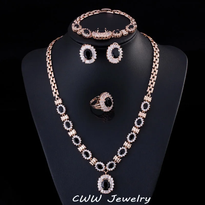 CWWZircons золотой цвет африканский нигерийский CZ бусины Серьги для вечеринок кольца ожерелья и браслеты 4 шт. набор для женщин T229 - Окраска металла: black