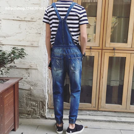 

New 2017 men's clothing fashion singer Vintage overalls Siamese pants Personalized pocket bib pants Beam foot trousers costumes