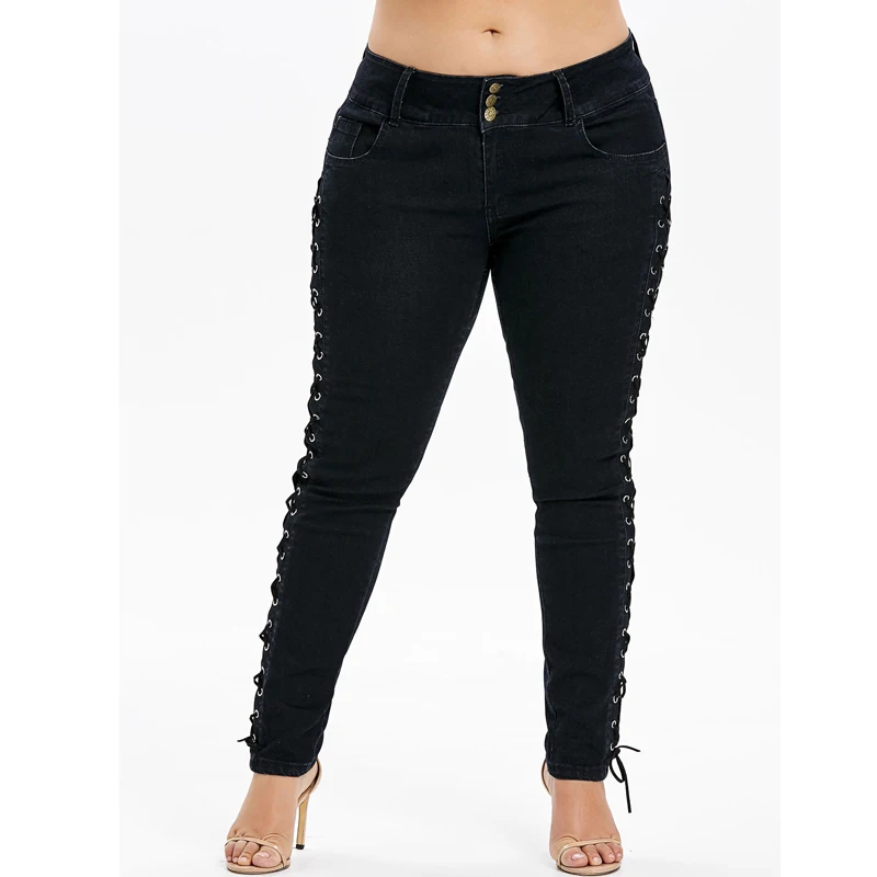 SexeMara узкие середине талии карандаш брюки джинсы по бокам Criss Cross Soild Chic