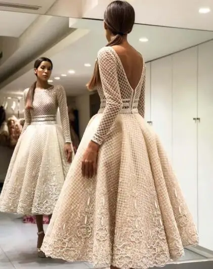 Шампанское Robe de soiree шикарные кружевные короткие платья с длинными рукавами для выпускного вечера, вечернее платье длиной до колен, высококачественное арабское женское коктейльное платье для вечеринки - Цвет: Шампанское