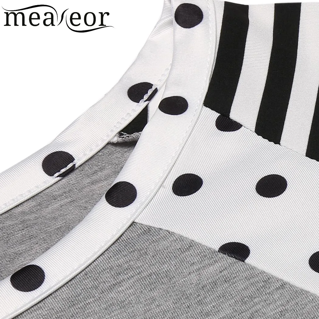 Meaneor Women T Shirt New Fashion O-Neck 3/4 Striped Sleeve Dot Print T-Shirt Pullover Casual Ladies Shirts Female Tee Tops | Женская