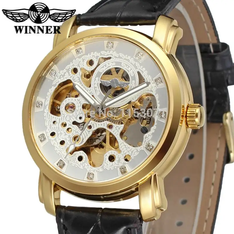 

Winner Men's Watch Fashion Luxury Brand Automatic Skeleton Leather Band Stones Casual Wristwatch Color Silver WRG8078M3G3