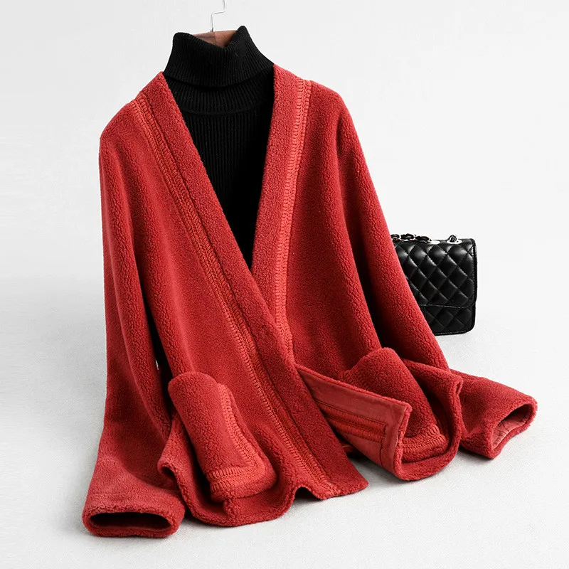red AYUNSUE, натуральное меховое пальто для женщин, овчина, мех, корейские куртки,, Осень-зима, куртка, женские шерстяные пальто, Abrigo Mujer MY3527 - Цвет: red