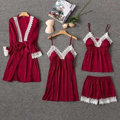 wine red 4pcs Daeyard шелковые пижамы для женщин сексуальные кружевные Обрезанные пижамы атласные пижамы с шортами 4 шт пижамы костюмы Повседневная Домашняя одежда - Цвет: wine red 4pcs