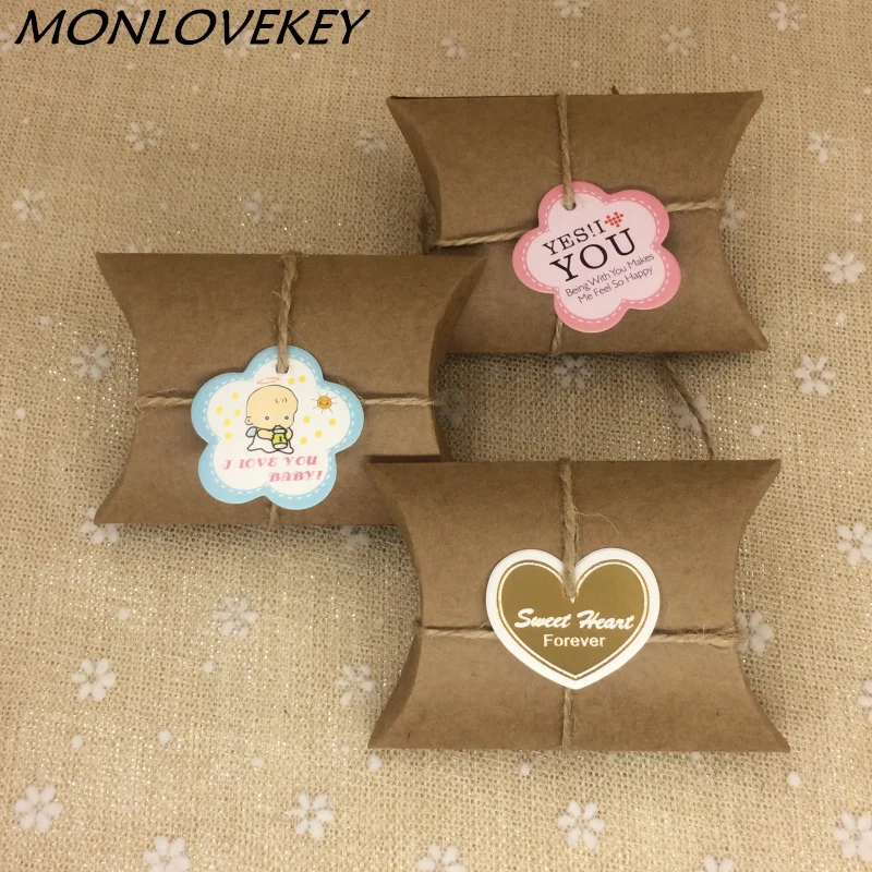 10 шт. крафт коробочка для конфет в форме подушечки с декорированном мешковиной