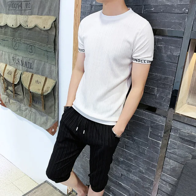 

Rlyaeiz 2019 Summer Korean Slim Casual Sporting Suits Men Tracksuit Sets Comfortable T shirts + Calf-length Pants Sporting Wear