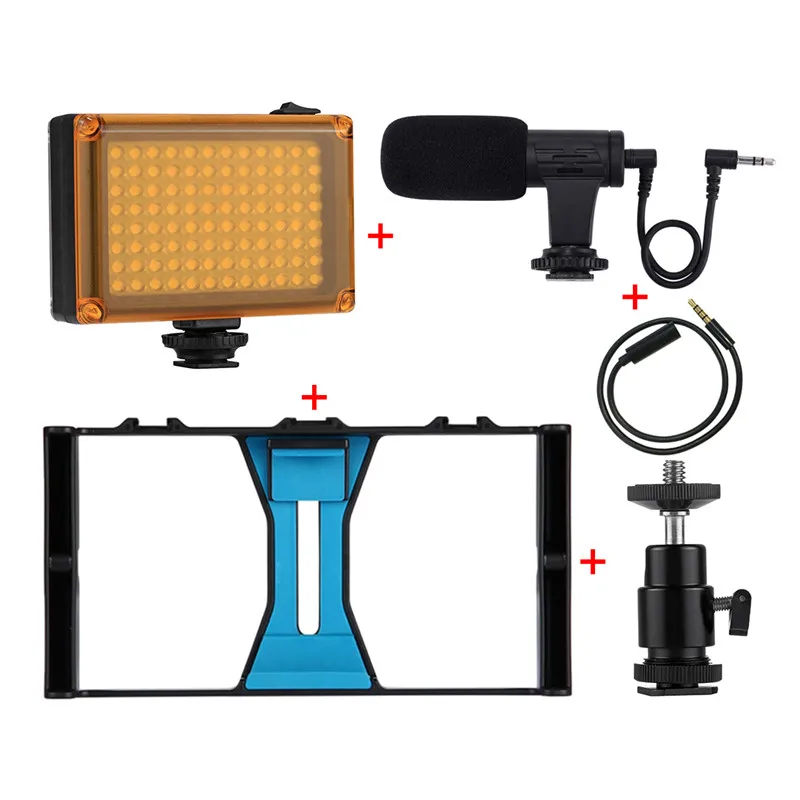 Add Light Microphone PULUZ Smartphone Video Rig Kits Filmmaking Recording Handle Stabilizer Bracket For iPhone X 7 8 Plus 4 in 1 Rig Kits - Цвет: Add Light Microphone
