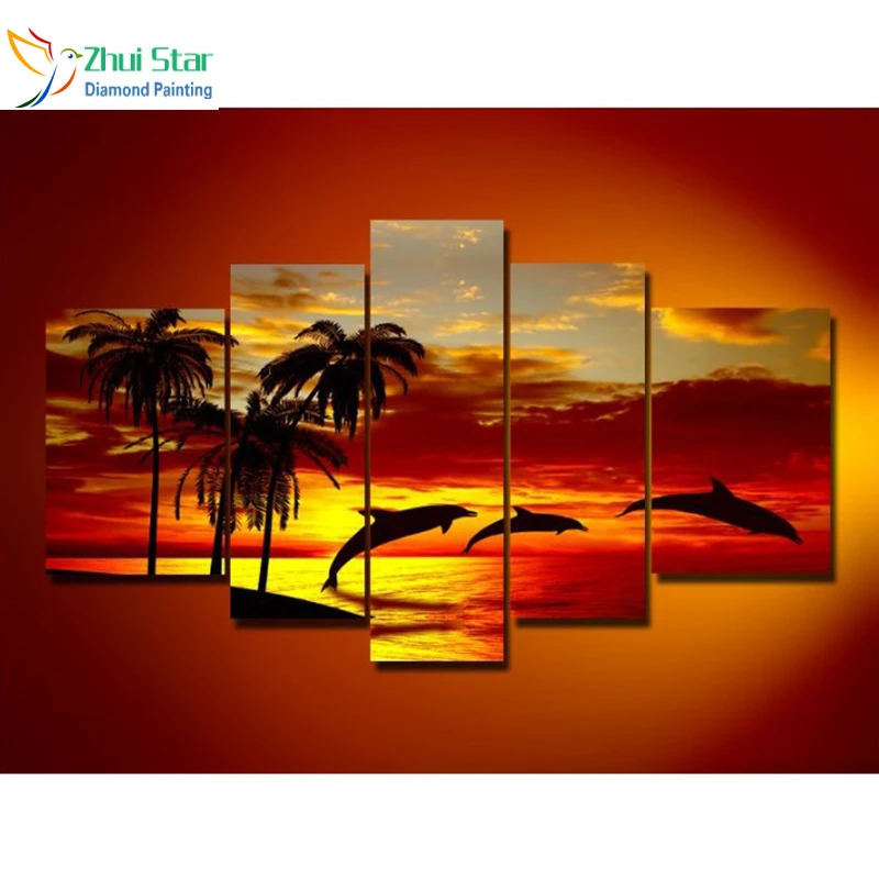 

Zhui star 5D DIY full Square drill Diamond drawing Cross Stitch Sunset dolphin 5pcs Embroidery Rhinestones Mosaic home decor