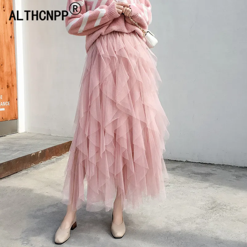 Женская длинная фатиновая Юбка Faldas Mujer Moda плиссированная сетчатая юбка с высокой
