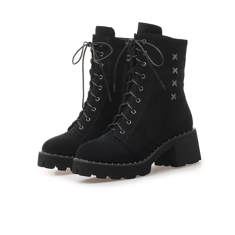 Black matte leather MNIXUAN/Модная зимняя женская обувь; Полусапоги; Новинка года; ботильоны из натуральной кожи с круглым носком; обувь на платформе с высоким каблуком и молнией - Цвет: Black matte leather